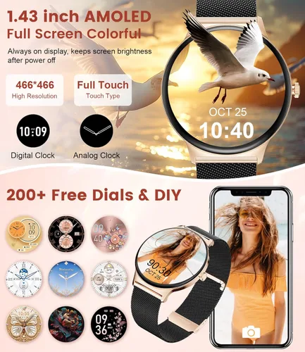 Miniatura 7 de LIGE Relojes inteligentes para mujer con respuesta/hacer llamadas, reloj inteligente HD AMOLED de 1,43 pulgadas con más de 120 rastreadores