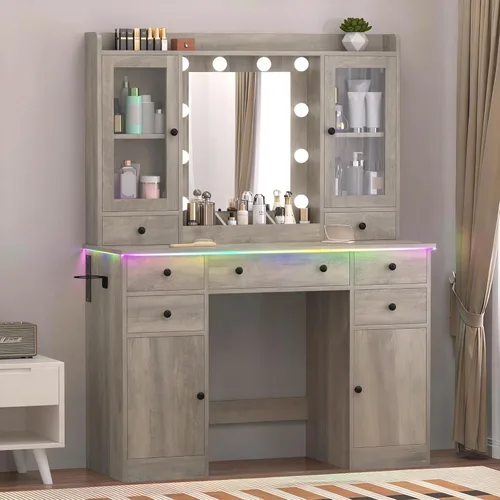 Miniatura 22 de Escritorio de maquillaje con espejo y luces, tocador negro de 43 pulgadas con parte superior de cristal, almacenamiento de joyas, 3 cajones
