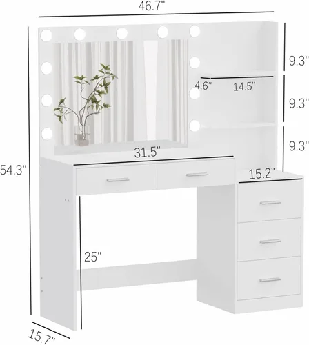 Miniatura 2 de Rovaurx Mesa de tocador de maquillaje blanca de 46.7 pulgadas con espejo iluminado, escritorio grande con estante de almacenamiento y 5 cajones
