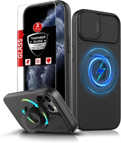 Funda magnética para iPhone 11 Pro compatible con carga inalámbrica MagSafe, con 2 protectores de pantalla, anillo kickstand de 360° integrado +