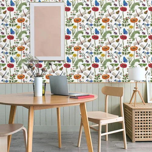 Miniatura 8 de VaryPaper Papel tapiz floral brillante de 17.7 x 78.7 pulgadas, para pegar y despegar, papel tapiz bohemio de hojas de musgo, libélula, mariposa