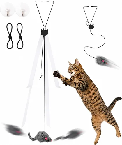 Juguete colgante para gatos de puerta, mouse de plumas para gatos de interior, no necesita pilas, se monta en cualquier marco de puerta, estimula el