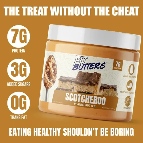 Miniatura 5 de Fit Butters Scotcheroo - Mantequilla de maní para untar, proteína añadida y aceite de coco, baja en carbohidratos, baja en azúcar, mantequilla