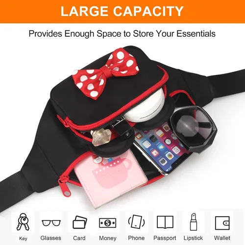 Miniatura 3 de Riñonera de Minnie Mouse de Disney, linda riñonera para mujeres y niñas, senderismo y uso al aire libre, Blanco rojo, Riñonera de viaje Disney