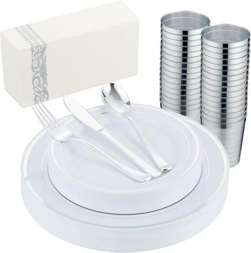 Miniatura 8 de Juego de vajilla de oro de 175 piezas para 25 invitados, platos desechables de plástico blanco con borde dorado resistentes para fiesta y boda