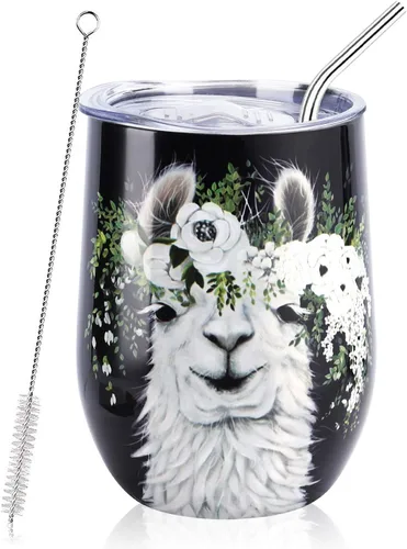 NymphFable Llama Gifts - Vaso de vino de alpaca con tapa y pajita, 12 onzas, sin tallo, copa de vino aislada de acero inoxidable