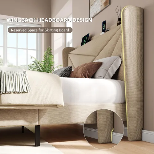 Miniatura 5 de iPormis Base de cama tamaño Queen con estación de carga, marco de cama de plataforma de lino con cabecera tapizada con respaldo de ala, soporte