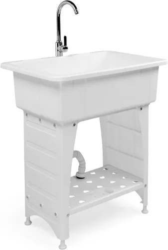 Miniatura 10 de ROVSUN Fregadero utilitario de plástico negro de 20 galones con grifo de agua caliente y fría, capacidad de carga de 150 libras, altura y versión