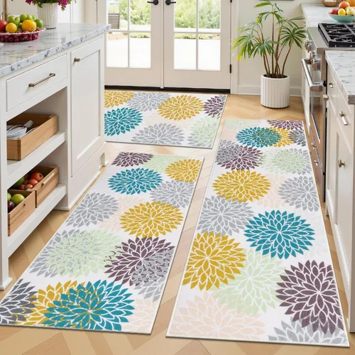 Miniatura 14 de Ileading Juego de 3 alfombras de cocina bohemias con corredor, alfombra de cocina, alfombras y tapetes antideslizantes lavables para cocina, suelo