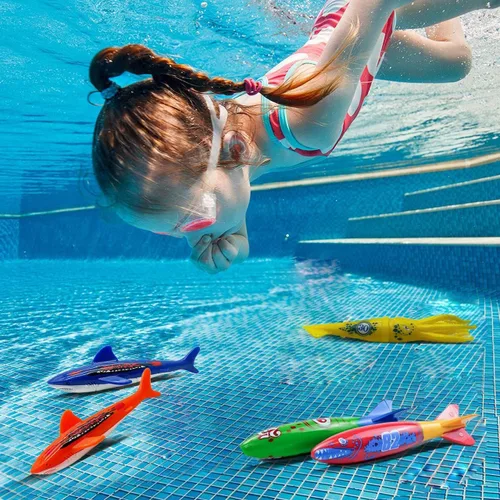 Miniatura 5 de Haktoys Juego de juguetes de buceo para piscina con torpedo de tiburón submarino, juguetes de buceo de calamar y sumideros de entrenamiento