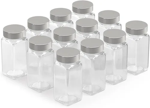 Tafts Tarros y botellas de vidrio cuadrados para especias, 33% más gruesos, 12 unidades de especias de vidrio, recipientes vacíos de 3 o 4 onzas