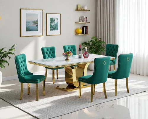 Miniatura 43 de Henf Juego de mesa de comedor de mármol sintético de 68 pulgadas para 6, juego de mesa de comedor de 7 piezas con 6 sillas copetudas de terciopelo