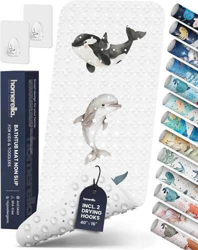 Miniatura 28 de Homerella - Alfombrilla de baño antideslizante y antideslizante para niños, 40 x 16 pulgadas, sin BPA, incluye 2 ganchos, tapete de ducha lavable