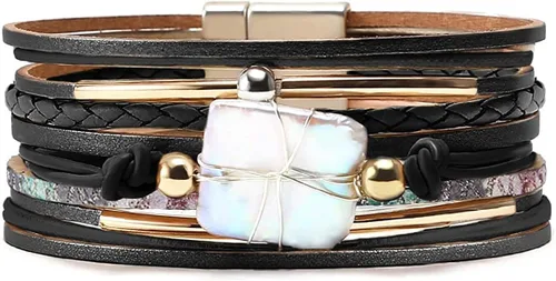 Miniatura 2 de Fesciory - Pulsera de leopardo para mujer, estilo bohemio de cuero multicapa con perlas de cristal