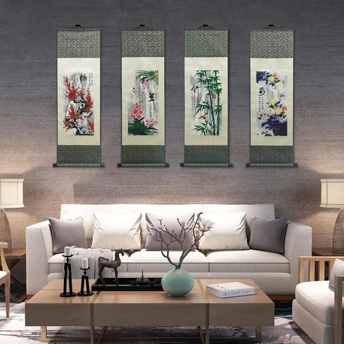 Miniatura 3 de AtfArt Decoración asiática de pared, hermosa pintura de pergamino de seda, 4 flores de hombre justo, orquídea ciruela, bambú, crisantemo, decoración
