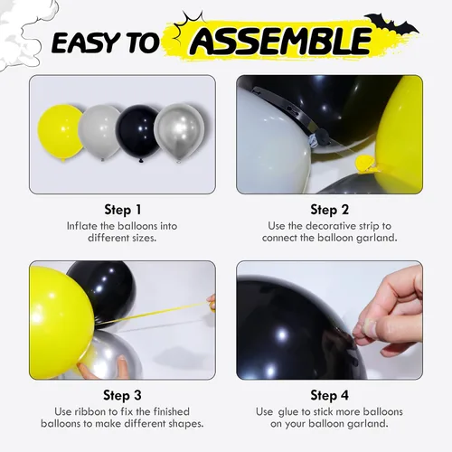 Miniatura 3 de Kit de arco de guirnalda de 133 piezas de globos negros, amarillos y plateados, arco de globos con tema de murciélago para hombre con globos