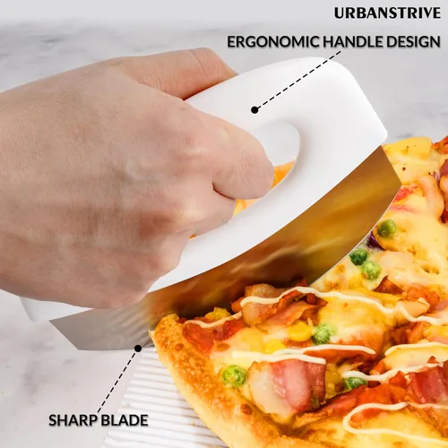 Miniatura 5 de Urbanstrive Cortador de pizza de acero inoxidable resistente con tapa, cuchillo de pizza de hoja súper afilada, cortador de pizza balancín, Blanco