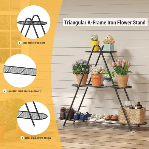 Miniatura 2 de Soporte de 3 niveles para plantas, estante de metal para plantas, resistente para interiores y exteriores, estante para múltiples macetas
