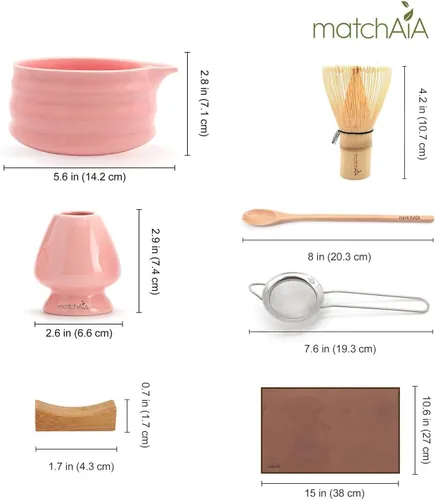 Miniatura 7 de MatchAiA Juego de batidor de matcha, cuenco de cerámica, batidor de bambú con soporte, tamiz, cuchara Schima, soporte para cuchara y toalla de té