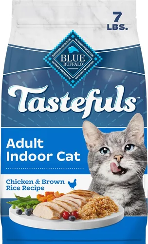 Blue Buffalo Tastefuls - Comida seca natural para gatos adultos de interior, receta de pollo y arroz integral, bolsa de 7 libras