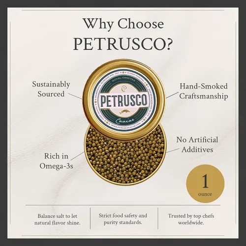 Miniatura 7 de PETRUSCO Royal Ossetra - Caviar negro de primera calidad, Huevas de pescado de esturión gourmet frescas en una lata de metal sellada, 1.06 oz
