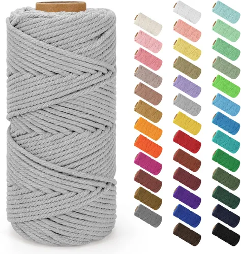 Miniatura 95 de Cordón de macramé 3mm x 109 yardas (328 pies), cuerda de macramé de algodón natural - 4 hebras de cuerda de algodón trenzada para colgar