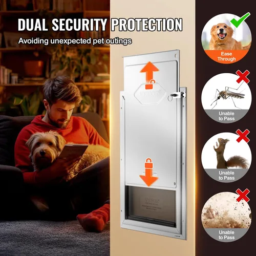 Miniatura 6 de VEVOR Puerta para mascotas para puertas interiores y exteriores, marco de aluminio, panel de cierre de metal y cerradura, puerta de perro fuerte
