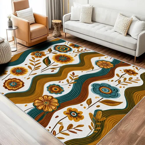 Vintage Floral Throw Rug 2 x 3 ft, Washable 1960s 1970s Wave Groovy Flower Indoor Door Mat Entryway, Retro Flowers Home Decor Kitchen Bedroom, Non
