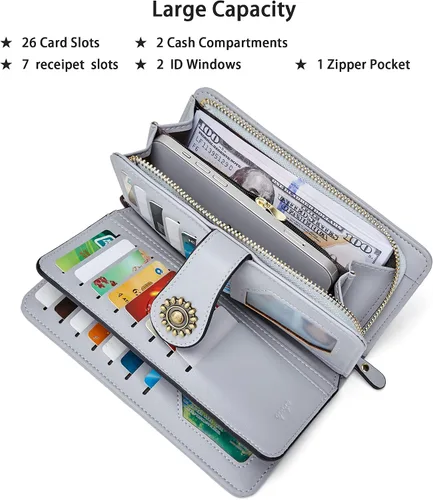 Miniatura 5 de OPAGE Cartera de cuero de gran capacidad para mujer con bloqueo RFID y cremallera alrededor