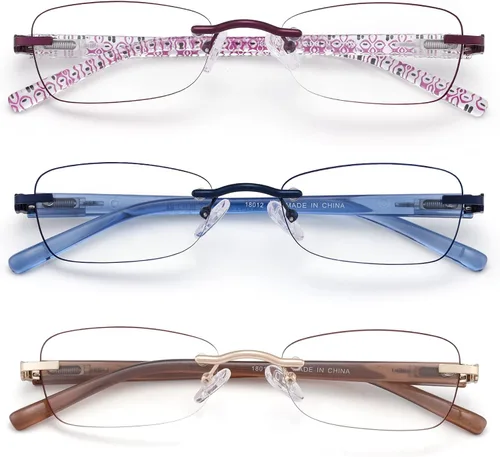 Paquete de 3 lentes de lectura sin montura para mujer, con bloqueo de luz azul, borde tintado, patrón de bisagra de resorte, lentes de brazo, mezcla