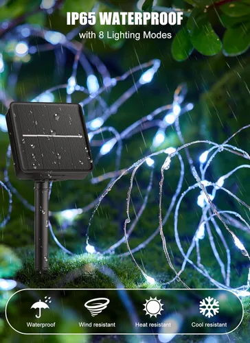 Miniatura 3 de Minetom Guirnalda de luces solares, 2 paquetes en total de 200 luces LED solares de 66 pies, luces solares impermeables para exteriores, patio