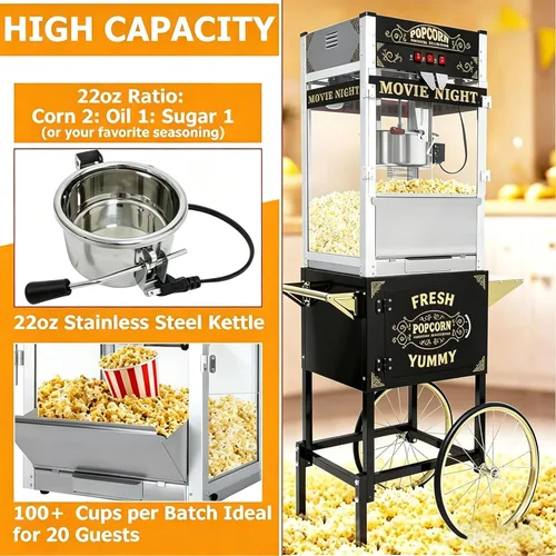 Miniatura 2 de Máquina comercial de palomitas de maíz con carrito y ruedas, máquina para hacer palomitas de maíz con hervidor de acero inoxidable de 22 onzas
