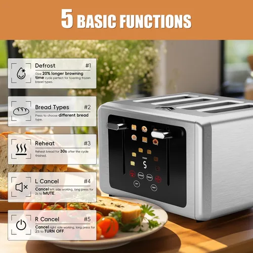 Miniatura 3 de WUNLY Tostadora de 4 rebanadas, pantalla táctil y panel de control independiente dual, 5 funciones básicas y tostadoras con cuenta regresiva