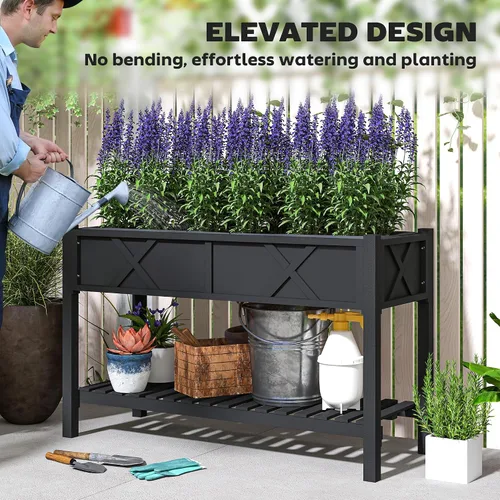 Miniatura 5 de Outsunny - Jardinera elevada de madera con estante de almacenamiento, orificios de drenaje y forro para el patio trasero, la terraza, el balcón, 47