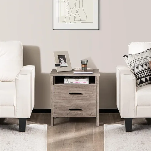 Miniatura 9 de Giantex Mesita de noche con 2 cajones, mesa auxiliar de madera con estante de almacenamiento abierto y agujero para cable, mesita de noche