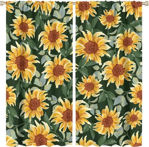 Miniatura 34 de Cortinas opacas de girasol, diseño natural, de granja, floral, con bolsillo para barra, para ventana, para dormitorio, sala de estar, 42 x 45