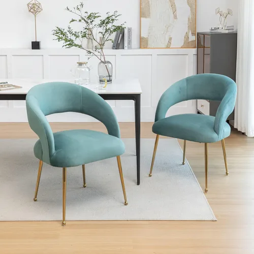 Miniatura 2 de Juego de 2 sillas de comedor modernas, tapizadas de terciopelo con patas doradas y respaldo hueco, reposabrazos copetudos para sala de estar, Verde