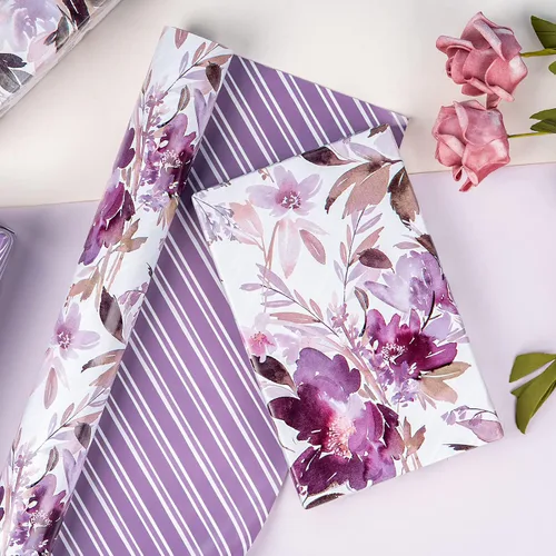 Miniatura 6 de WRAPAHOLIC Papel de regalo floral reversible, mini rollo, 17 pulgadas x 33 pies, diseño floral morado para bodas, cumpleaños, día de San Valentín