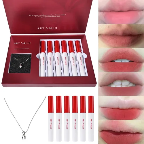 Regalo de Navidad para mujer, juego de 7 cajas de regalo que incluye lápiz labial mate de terciopelo rojo y collar, fácil de combinar con diferentes