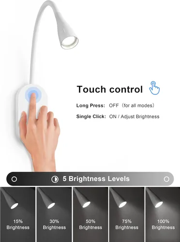 Miniatura 3 de deeloop Luz de lectura LED de montaje en pared para cama, lámpara de lectura con salida USB, 5 niveles de brillo, luces de libro de control táctil