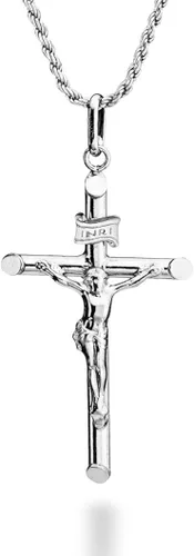 Miabella Rhodium Plated 925 Sterling Silver Small or Large Crucifix Cross Necklace for Men Women, Cross Pendant with Rope Chain, Made in Italy
