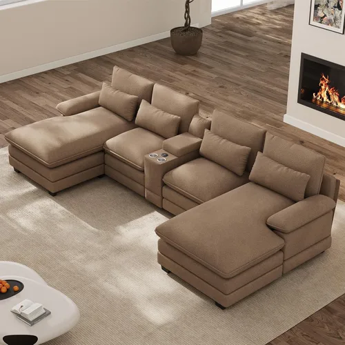Miniatura 14 de Sofá seccional en forma de U de 132 pulgadas, mullido y afelpado de pana de 4 asientos, sofás seccionales color negro para sala de estar, cómodo