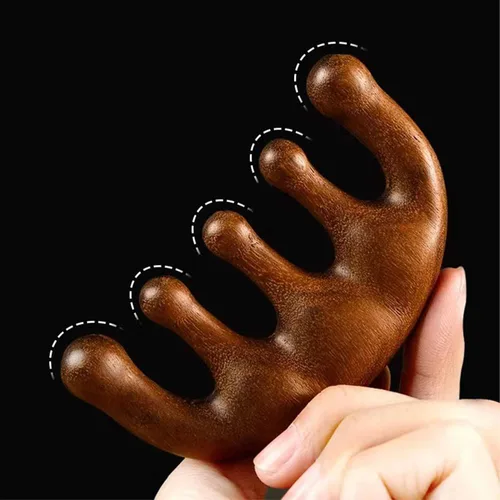 Miniatura 5 de Peine de meridianos de cinco dientes de madera pura 100% natural, hecho a mano, portátil, alambre dorado, sándalo, cabeza ancha, meridianos