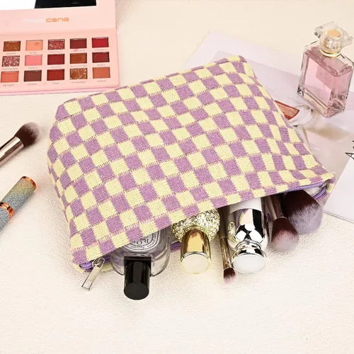 Miniatura 4 de SOIDRAM Bolsa de Maquillaje de 2 Piezas Bolsa de Cosméticos a Cuadros Grande Capacidad Bolsa de Viaje de Lona Organizadora de Artículos de Tocador