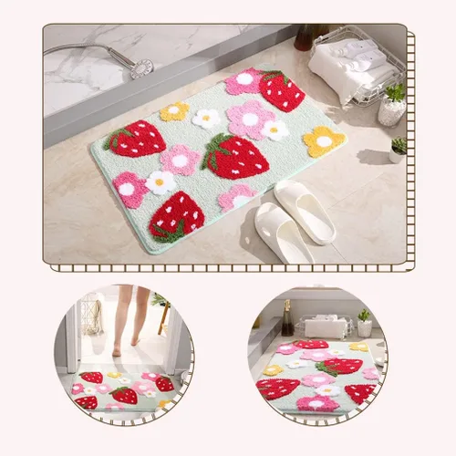 Miniatura 2 de Tapete de baño suave y acogedor con diseño de fresa, antideslizante, lavable, tapete lanudo para dormitorio, tapete absorbente de flores, tapete