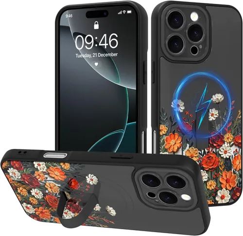 Miniatura 38 de Funda diseñada para iPhone 17 Pro Max con soporte plegable y correa para dedos, bonito patrón de lazo de corazón de flor rosa para mujeres y niñas
