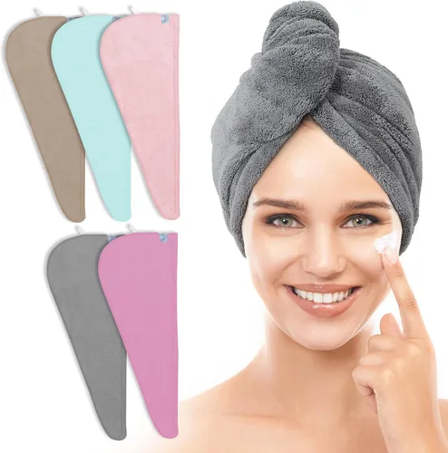 Miniatura 14 de TENSTARS Paquete de 5 Toallas de Microfibra Engrosadas para Cabello para Mujeres - Diseño de Lazo Elástico - 320GSM Terciopelo Coral - Turbante