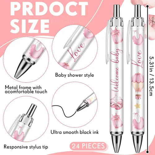 Miniatura 2 de Chuangdi 24 piezas de bolígrafos de bola para baby shower para niñas, bolígrafos retráctiles a granel con tinta negra, con regalos para invitados