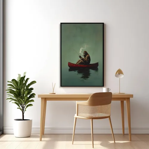 Miniatura 3 de Póster de lienzo retro de Sasquatch, divertido pie grande en una canoa roja, pesca verde esmeralda, arte de pared, diseño de casa de lago, vintage