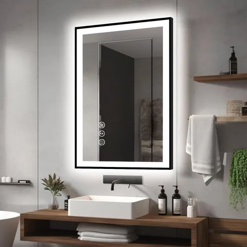 Miniatura 71 de EchosLife Espejos de baño LED de 20 x 28 pulgadas para pared, marco de aluminio negro (frontal y retroiluminado), espejo de tocador antivaho
